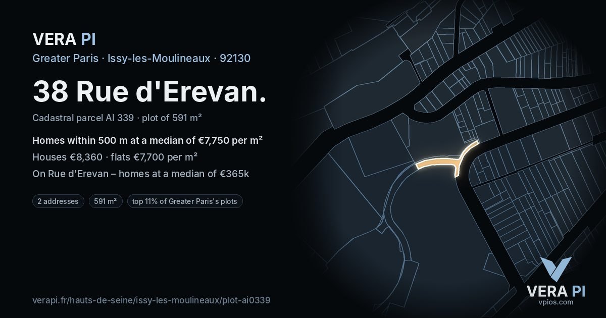 38 Rue d'Erevan, Issy-les-Moulineaux at night – the plot lit, the parcels around coloured by the prices near them