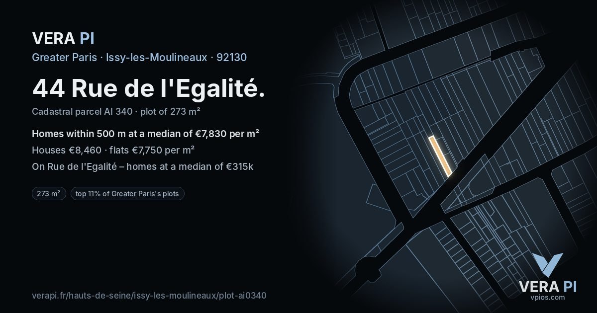 44 Rue de l'Egalité, Issy-les-Moulineaux at night – the plot lit, the parcels around coloured by the prices near them
