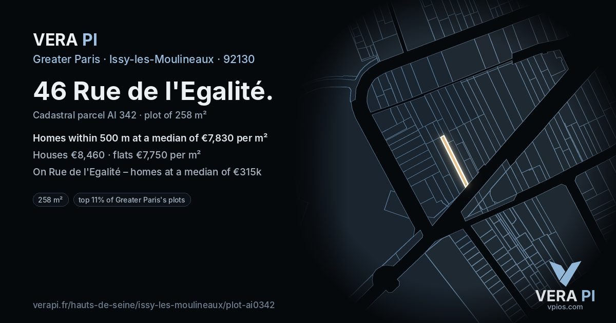 46 Rue de l'Egalité, Issy-les-Moulineaux at night – the plot lit, the parcels around coloured by the prices near them