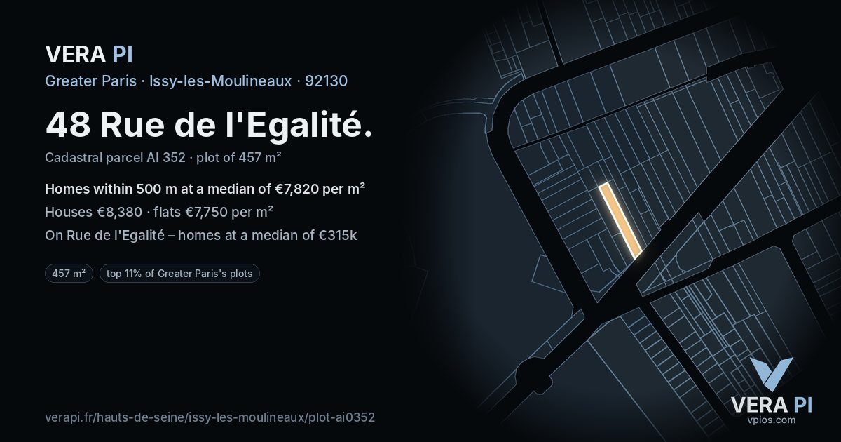 48 Rue de l'Egalité, Issy-les-Moulineaux at night – the plot lit, the parcels around coloured by the prices near them