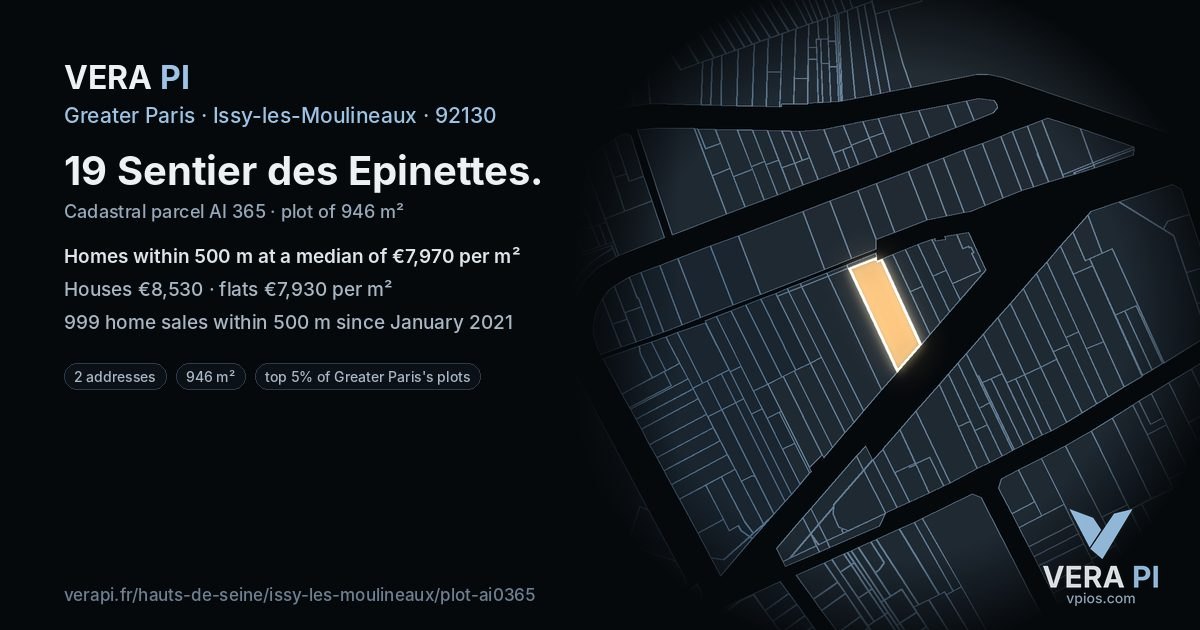19 Sentier des Epinettes, Issy-les-Moulineaux at night – the plot lit, the parcels around coloured by the prices near them