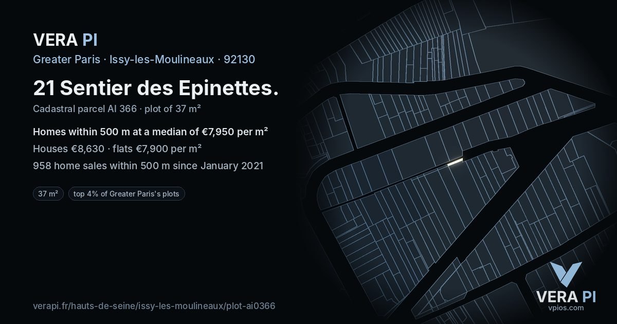 21 Sentier des Epinettes, Issy-les-Moulineaux at night – the plot lit, the parcels around coloured by the prices near them