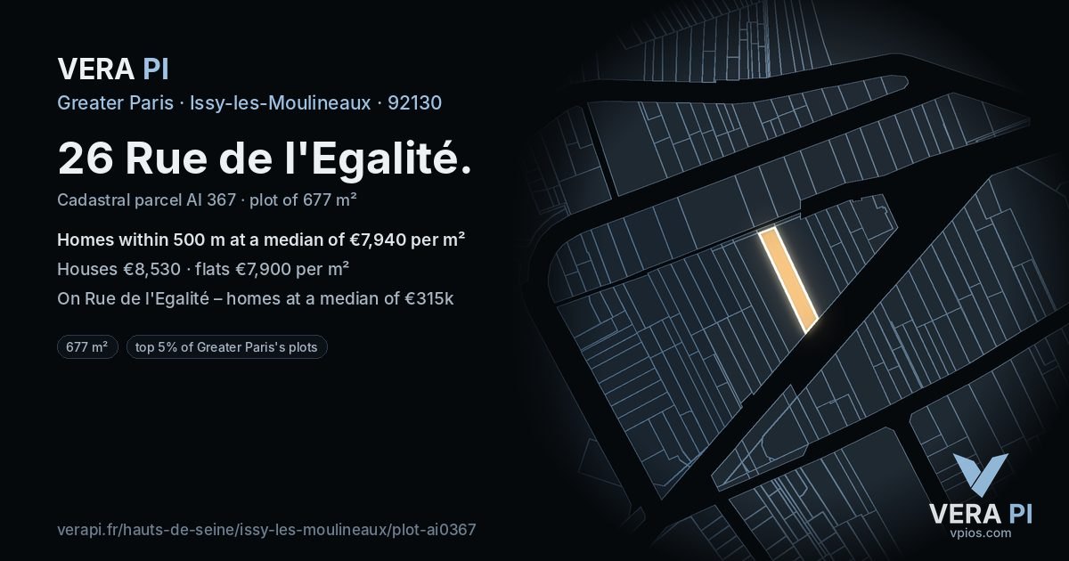 26 Rue de l'Egalité, Issy-les-Moulineaux at night – the plot lit, the parcels around coloured by the prices near them