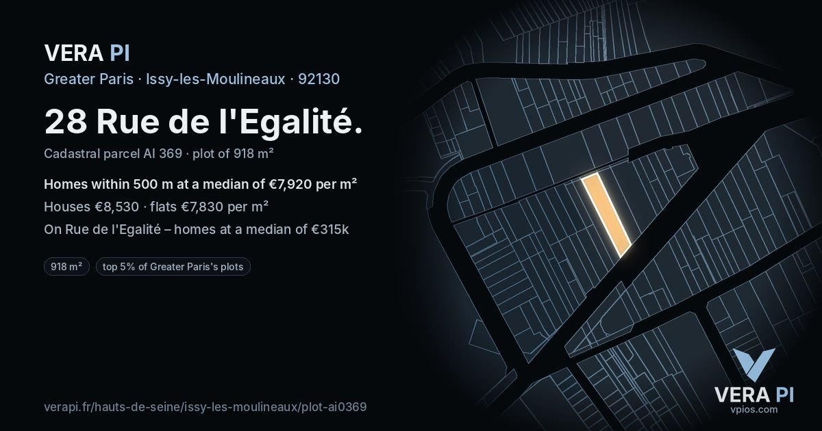 28 Rue de l'Egalité, Issy-les-Moulineaux at night – the plot lit, the parcels around coloured by the prices near them