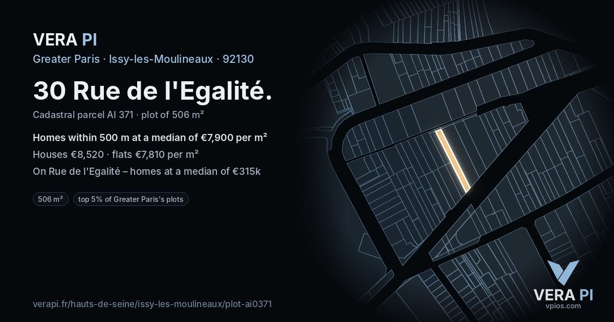30 Rue de l'Egalité, Issy-les-Moulineaux at night – the plot lit, the parcels around coloured by the prices near them