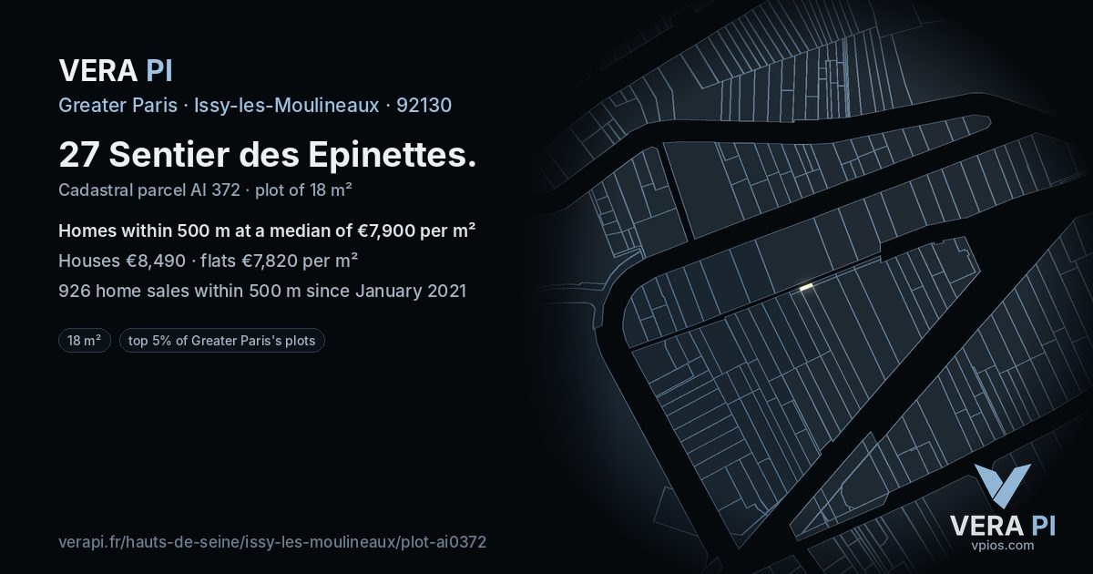 27 Sentier des Epinettes, Issy-les-Moulineaux at night – the plot lit, the parcels around coloured by the prices near them