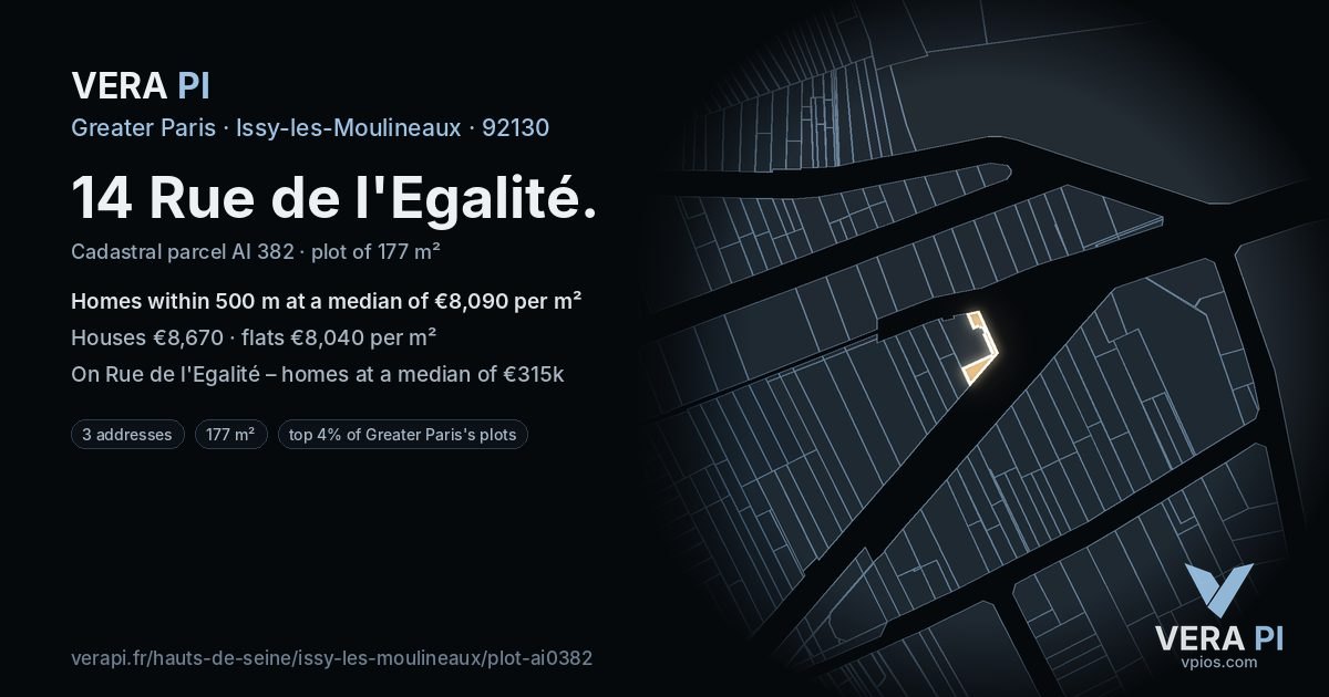 14 Rue de l'Egalité, Issy-les-Moulineaux at night – the plot lit, the parcels around coloured by the prices near them