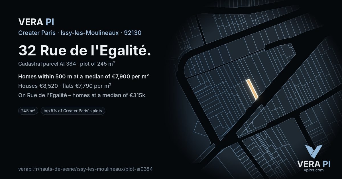 32 Rue de l'Egalité, Issy-les-Moulineaux at night – the plot lit, the parcels around coloured by the prices near them