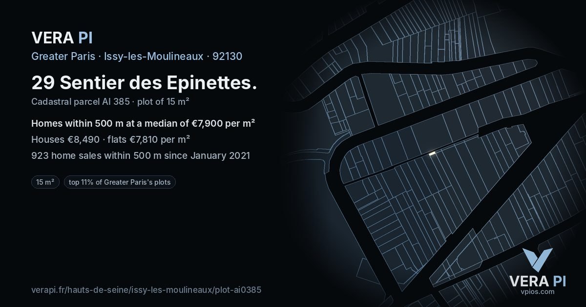 29 Sentier des Epinettes, Issy-les-Moulineaux at night – the plot lit, the parcels around coloured by the prices near them