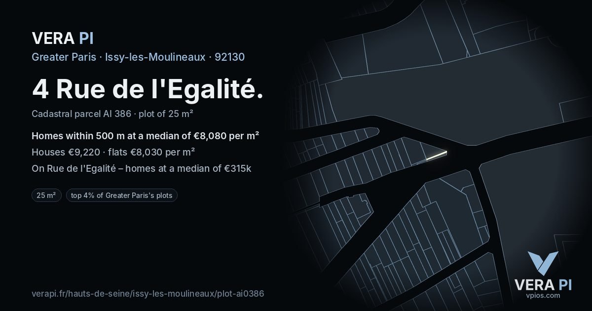 4 Rue de l'Egalité, Issy-les-Moulineaux at night – the plot lit, the parcels around coloured by the prices near them