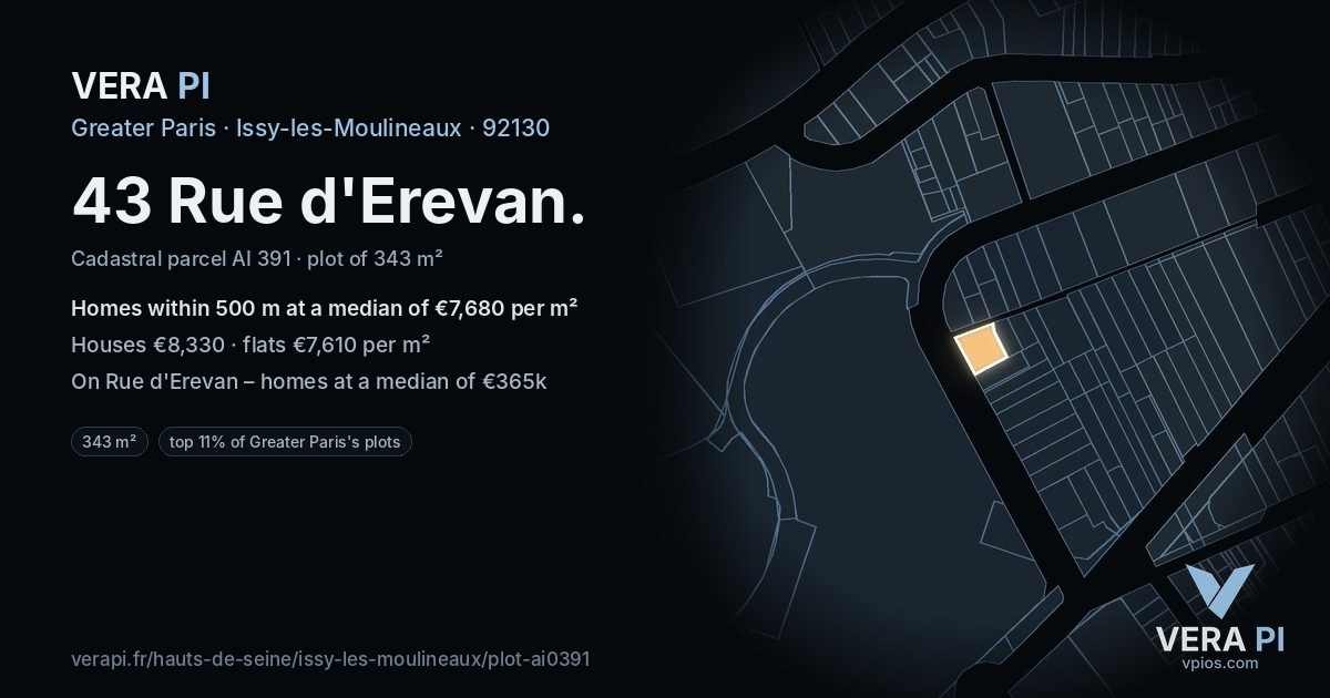43 Rue d'Erevan, Issy-les-Moulineaux at night – the plot lit, the parcels around coloured by the prices near them