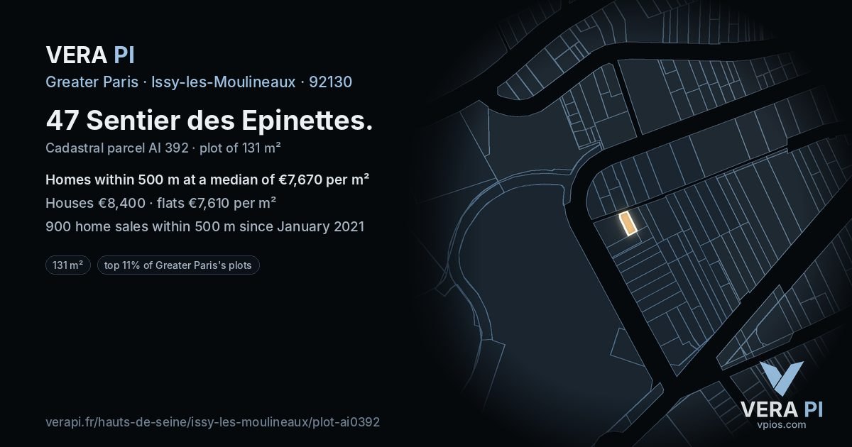 47 Sentier des Epinettes, Issy-les-Moulineaux at night – the plot lit, the parcels around coloured by the prices near them