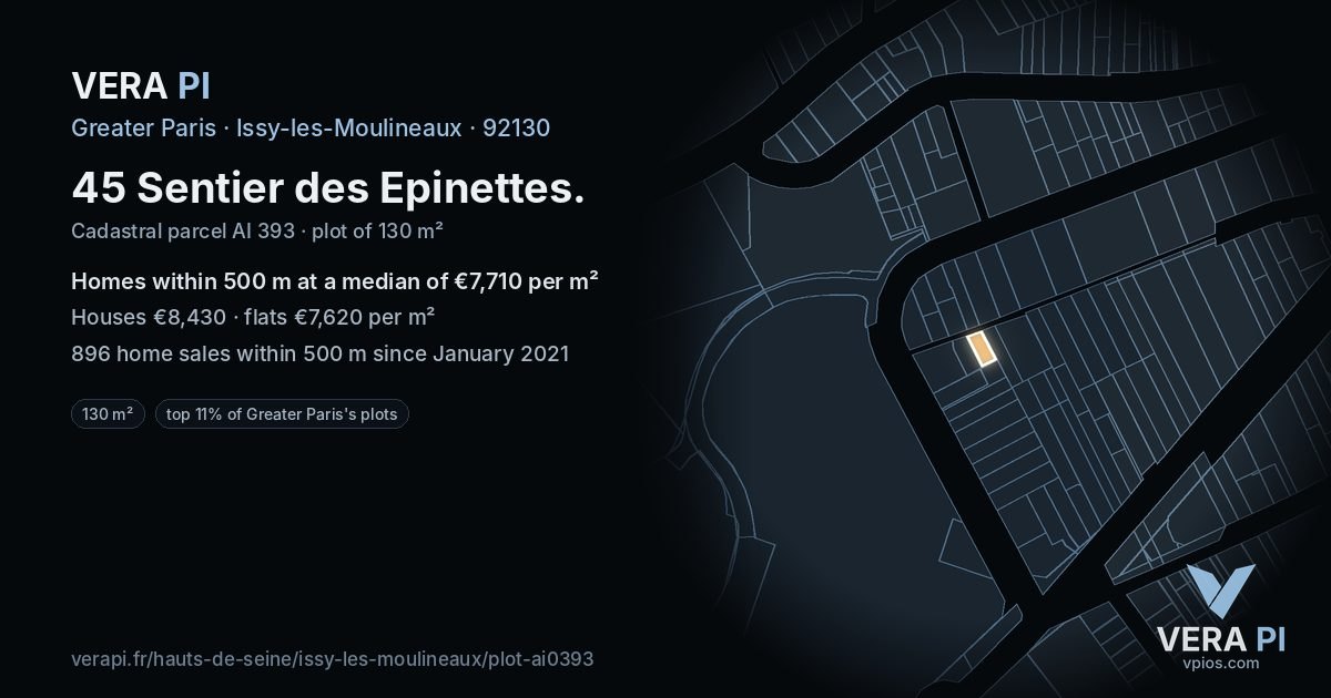 45 Sentier des Epinettes, Issy-les-Moulineaux at night – the plot lit, the parcels around coloured by the prices near them