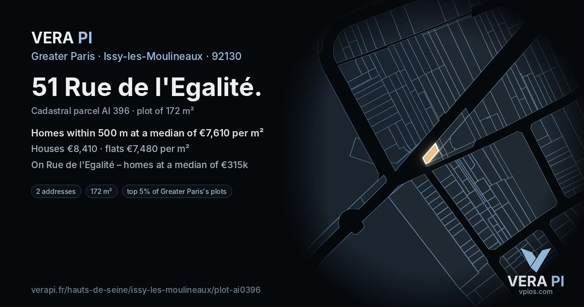 51 Rue de l'Egalité, Issy-les-Moulineaux at night – the plot lit, the parcels around coloured by the prices near them