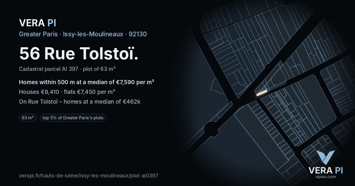 56 Rue Tolstoï, Issy-les-Moulineaux at night – the plot lit, the parcels around coloured by the prices near them
