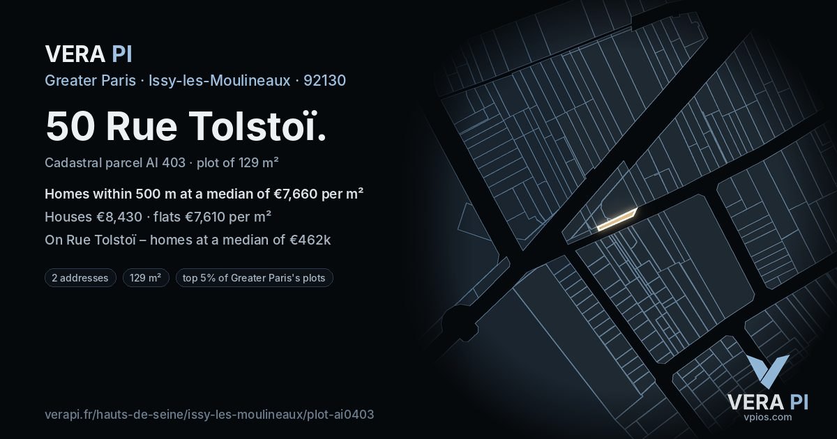 50 Rue Tolstoï, Issy-les-Moulineaux at night – the plot lit, the parcels around coloured by the prices near them