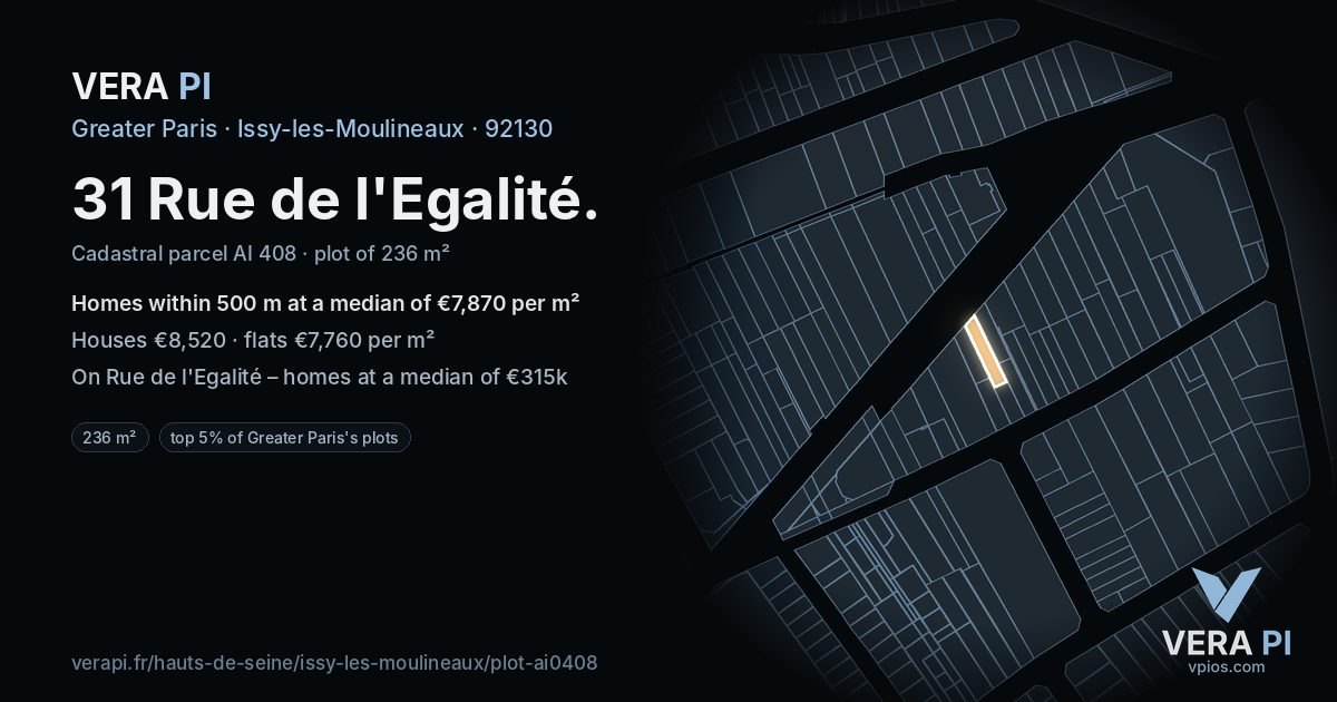 31 Rue de l'Egalité, Issy-les-Moulineaux at night – the plot lit, the parcels around coloured by the prices near them