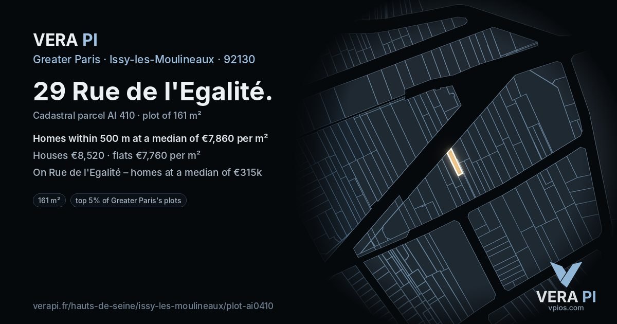 29 Rue de l'Egalité, Issy-les-Moulineaux at night – the plot lit, the parcels around coloured by the prices near them