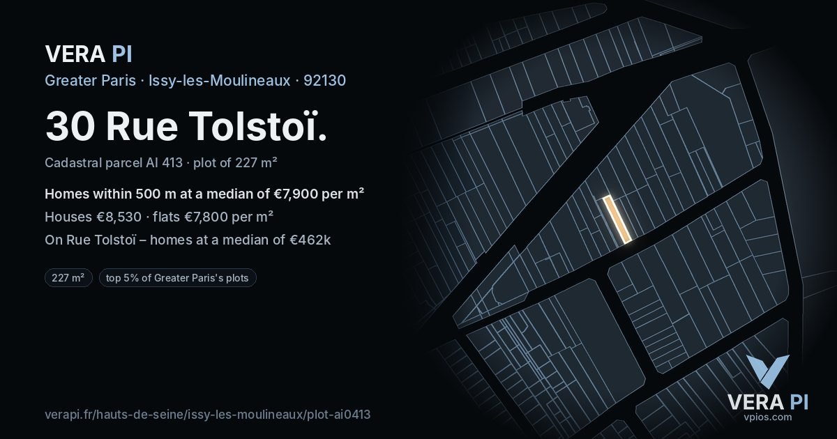 30 Rue Tolstoï, Issy-les-Moulineaux at night – the plot lit, the parcels around coloured by the prices near them