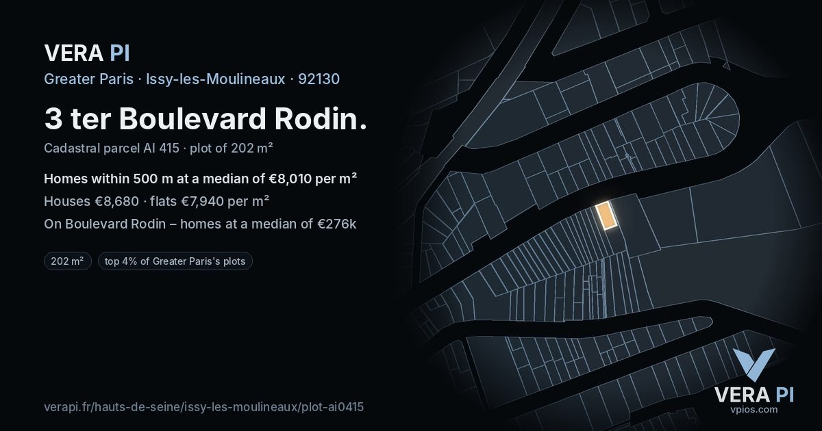 3 ter Boulevard Rodin, Issy-les-Moulineaux at night – the plot lit, the parcels around coloured by the prices near them