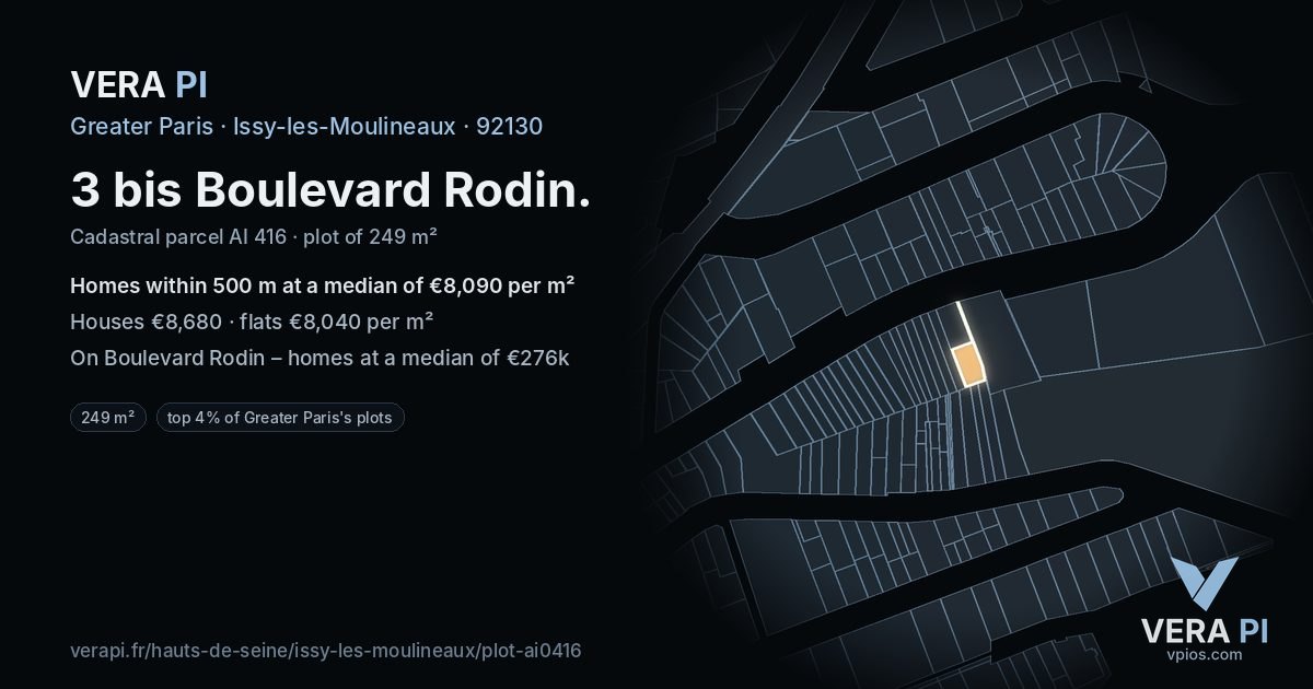 3 bis Boulevard Rodin, Issy-les-Moulineaux at night – the plot lit, the parcels around coloured by the prices near them