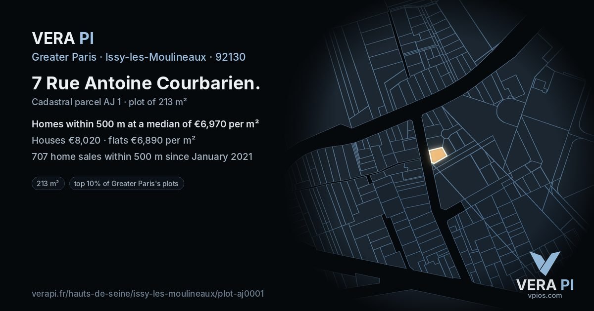 7 Rue Antoine Courbarien, Issy-les-Moulineaux at night – the plot lit, the parcels around coloured by the prices near them