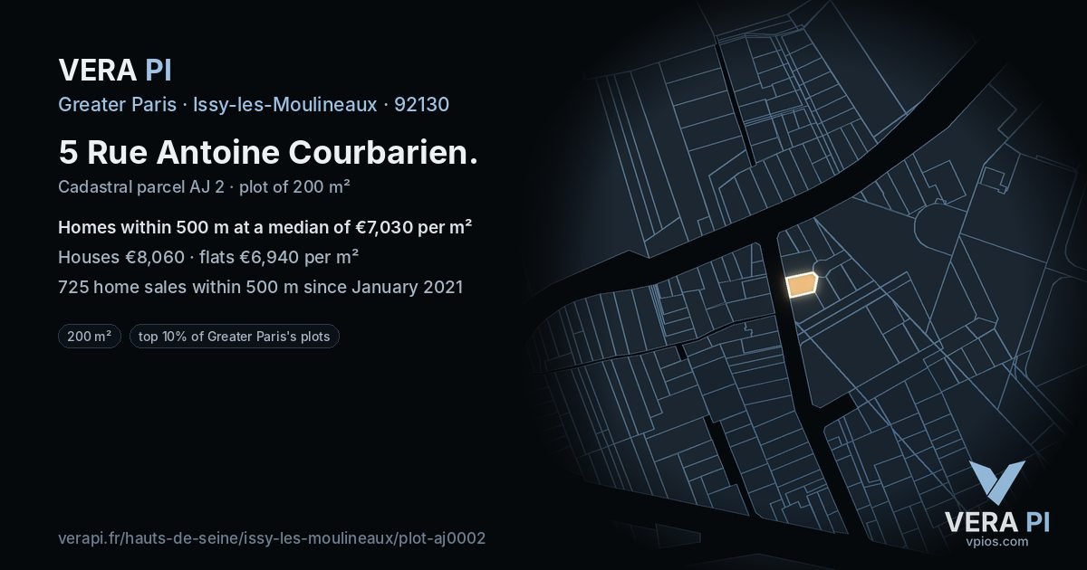 5 Rue Antoine Courbarien, Issy-les-Moulineaux at night – the plot lit, the parcels around coloured by the prices near them