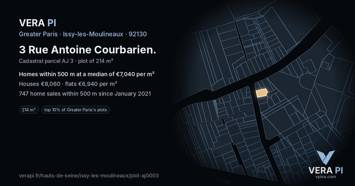 3 Rue Antoine Courbarien, Issy-les-Moulineaux at night – the plot lit, the parcels around coloured by the prices near them