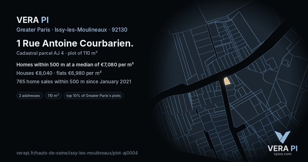 1 Rue Antoine Courbarien, Issy-les-Moulineaux at night – the plot lit, the parcels around coloured by the prices near them