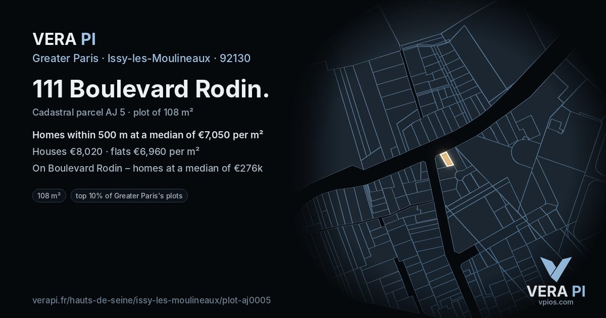 111 Boulevard Rodin, Issy-les-Moulineaux at night – the plot lit, the parcels around coloured by the prices near them