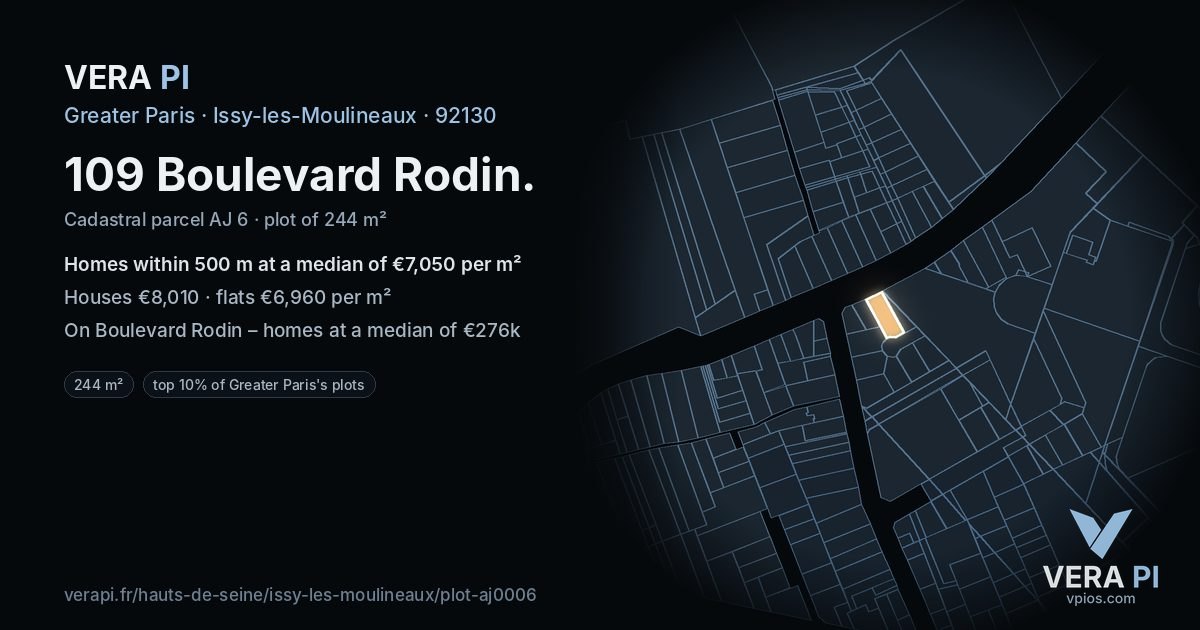 109 Boulevard Rodin, Issy-les-Moulineaux at night – the plot lit, the parcels around coloured by the prices near them