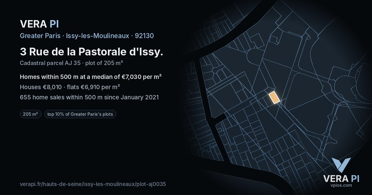 3 Rue de la Pastorale d'Issy, Issy-les-Moulineaux at night – the plot lit, the parcels around coloured by the prices near them