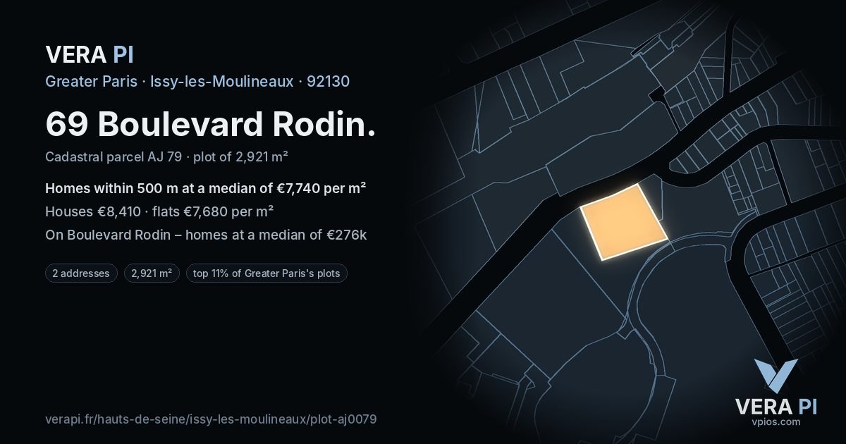 69 Boulevard Rodin, Issy-les-Moulineaux at night – the plot lit, the parcels around coloured by the prices near them