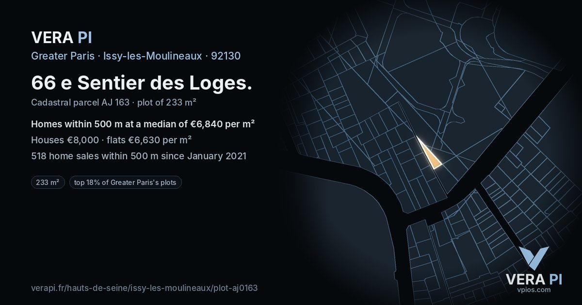 66 e Sentier des Loges, Issy-les-Moulineaux at night – the plot lit, the parcels around coloured by the prices near them