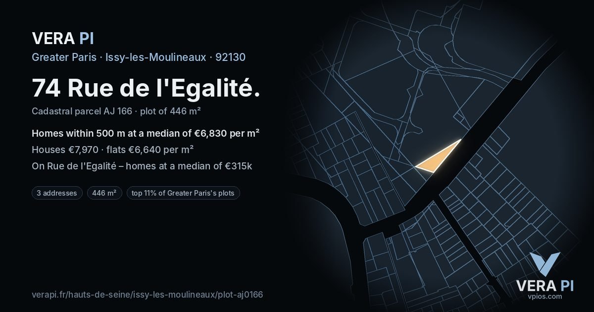 74 Rue de l'Egalité, Issy-les-Moulineaux at night – the plot lit, the parcels around coloured by the prices near them