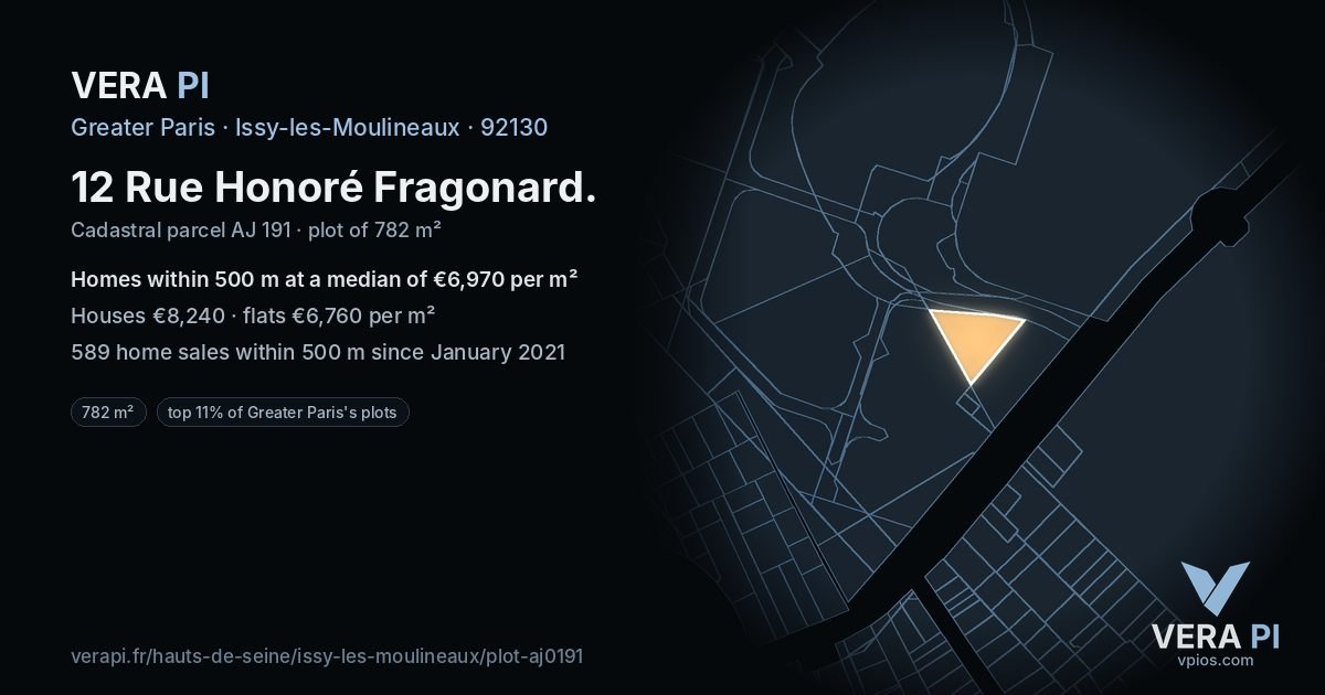 12 Rue Honoré Fragonard, Issy-les-Moulineaux at night – the plot lit, the parcels around coloured by the prices near them