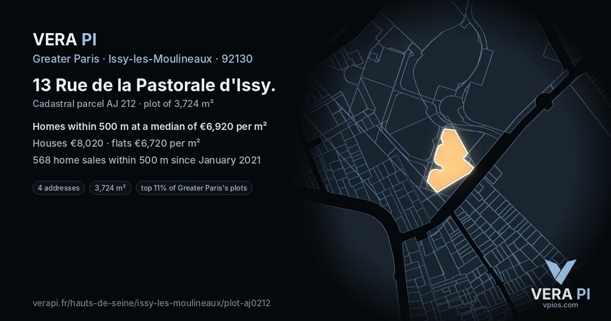 13 Rue de la Pastorale d'Issy, Issy-les-Moulineaux at night – the plot lit, the parcels around coloured by the prices near them