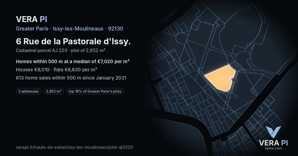 6 Rue de la Pastorale d'Issy, Issy-les-Moulineaux at night – the plot lit, the parcels around coloured by the prices near them