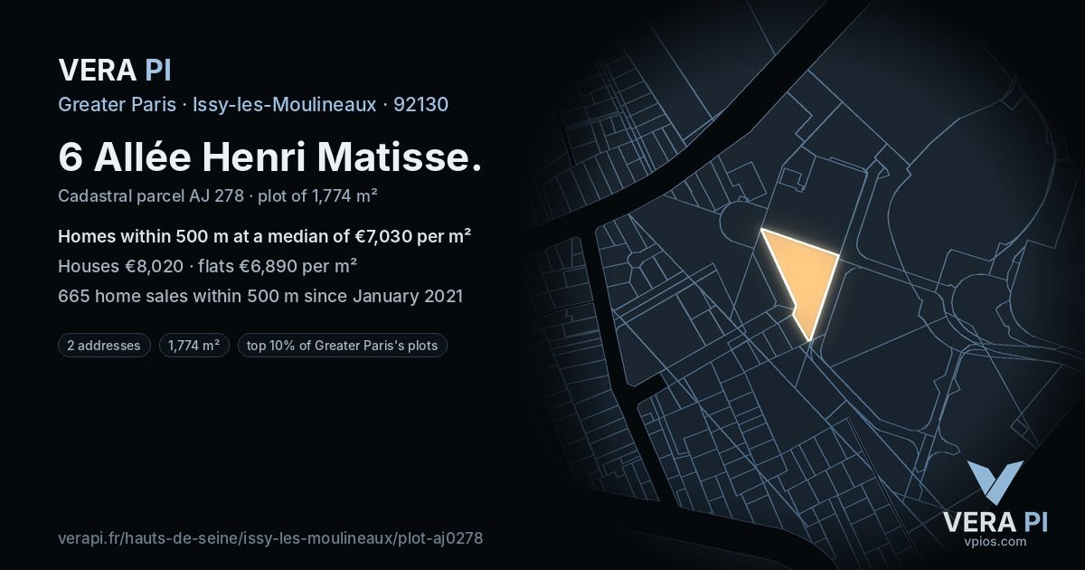 6 Allée Henri Matisse, Issy-les-Moulineaux at night – the plot lit, the parcels around coloured by the prices near them