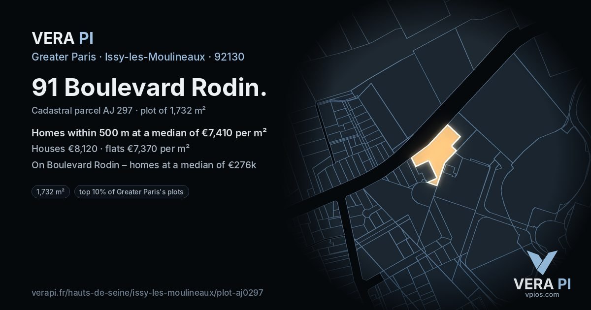 91 Boulevard Rodin, Issy-les-Moulineaux at night – the plot lit, the parcels around coloured by the prices near them
