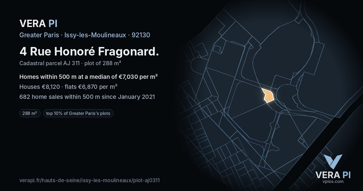4 Rue Honoré Fragonard, Issy-les-Moulineaux at night – the plot lit, the parcels around coloured by the prices near them