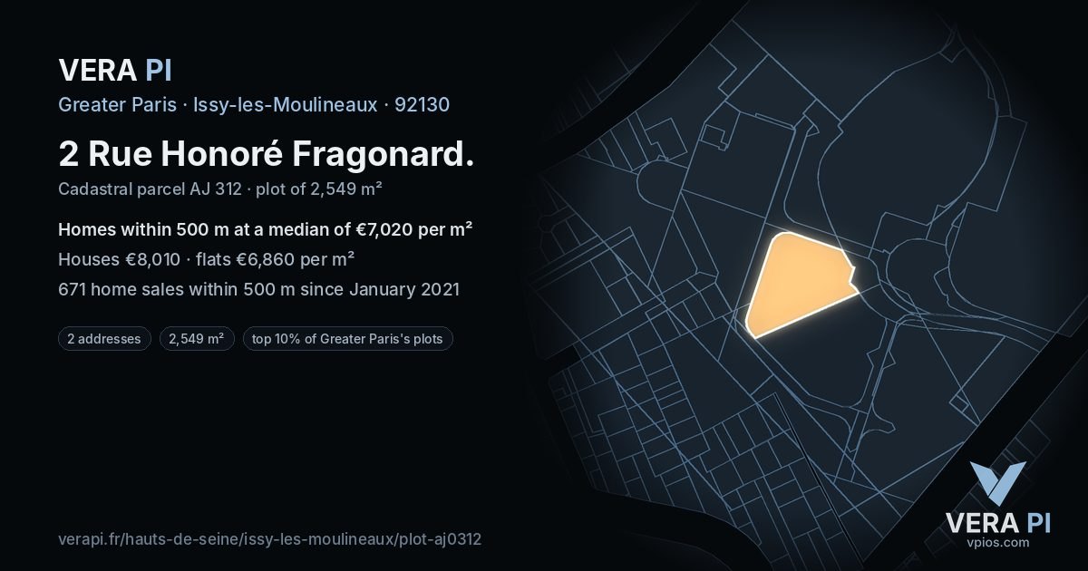 2 Rue Honoré Fragonard, Issy-les-Moulineaux at night – the plot lit, the parcels around coloured by the prices near them