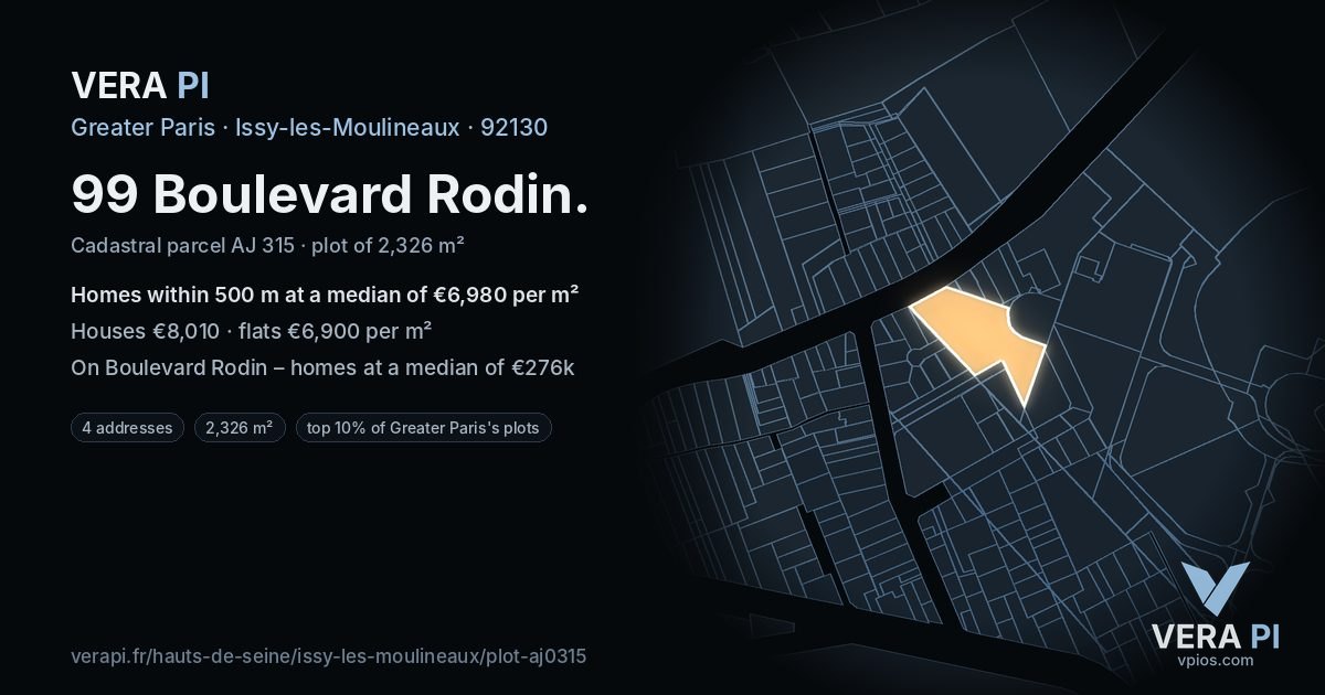 99 Boulevard Rodin, Issy-les-Moulineaux at night – the plot lit, the parcels around coloured by the prices near them