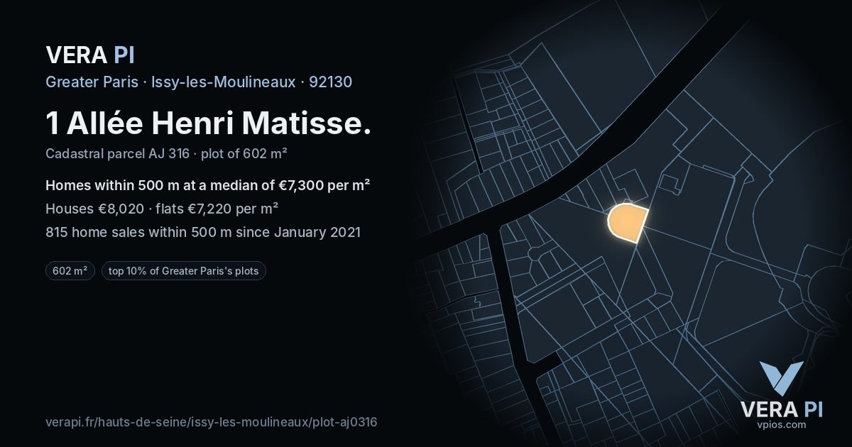 1 Allée Henri Matisse, Issy-les-Moulineaux at night – the plot lit, the parcels around coloured by the prices near them