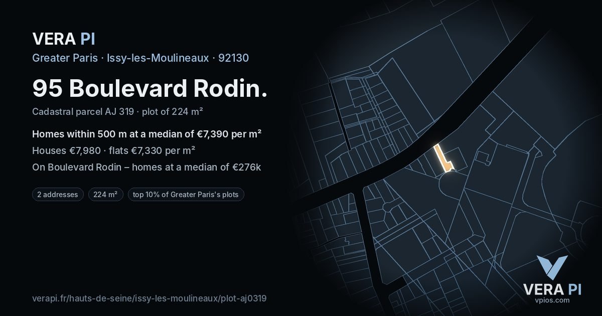 95 Boulevard Rodin, Issy-les-Moulineaux at night – the plot lit, the parcels around coloured by the prices near them