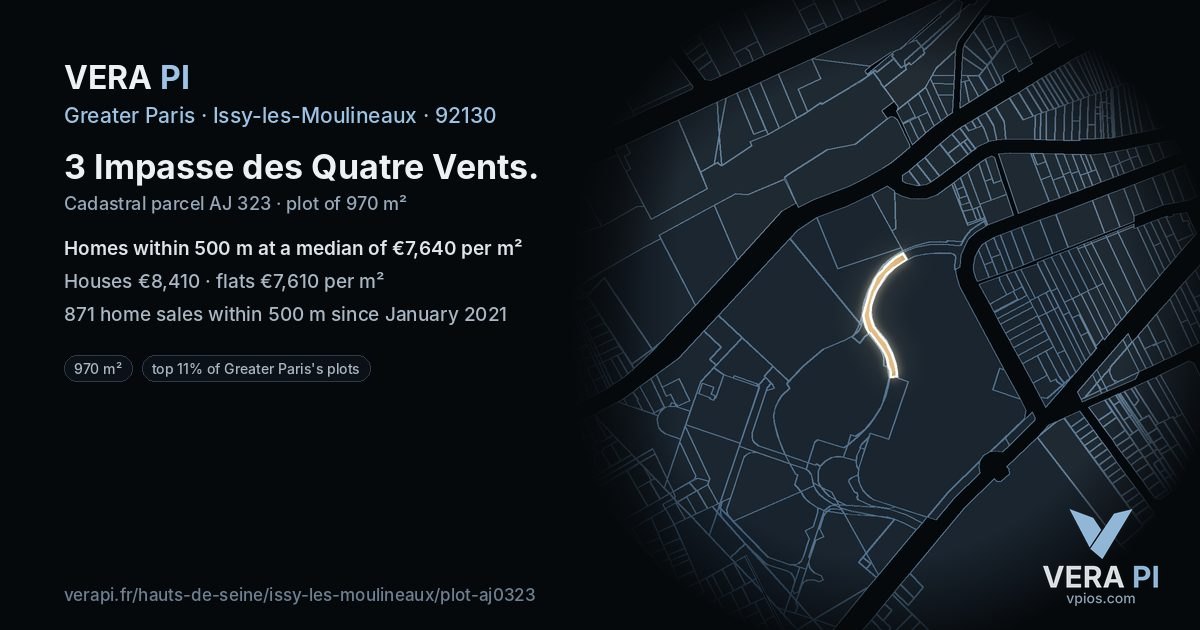 3 Impasse des Quatre Vents, Issy-les-Moulineaux at night – the plot lit, the parcels around coloured by the prices near them