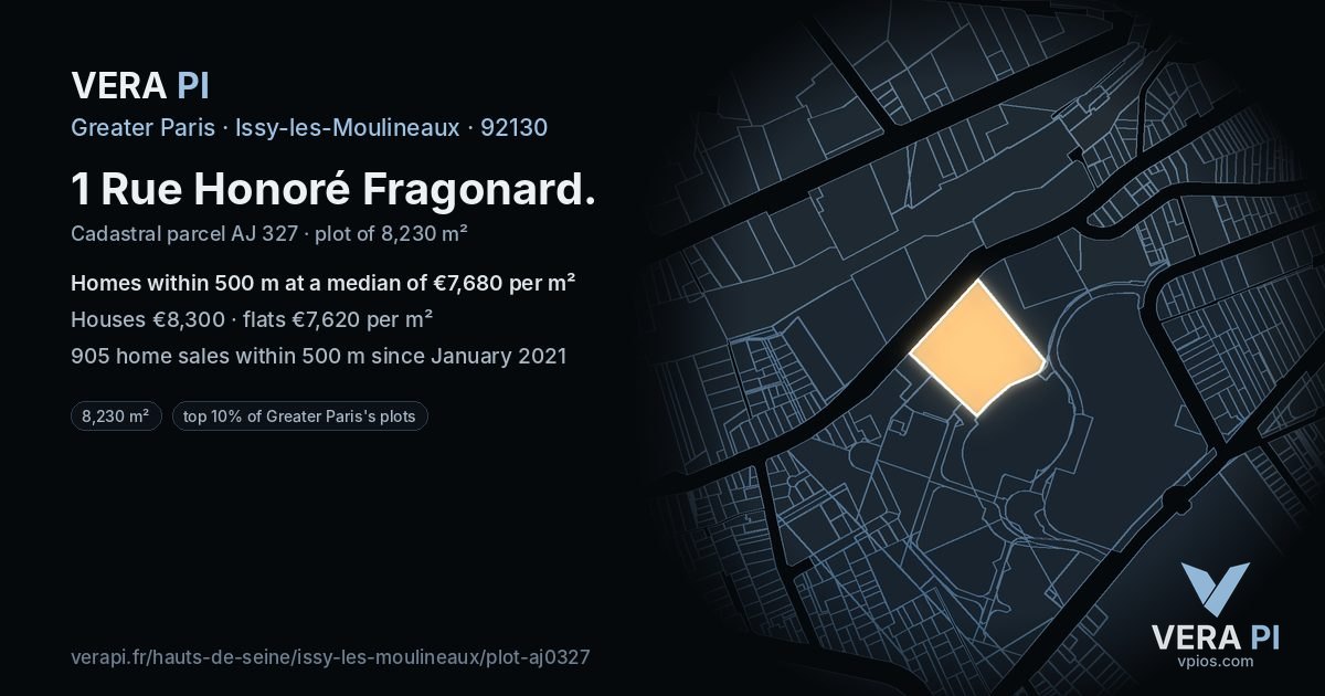1 Rue Honoré Fragonard, Issy-les-Moulineaux at night – the plot lit, the parcels around coloured by the prices near them