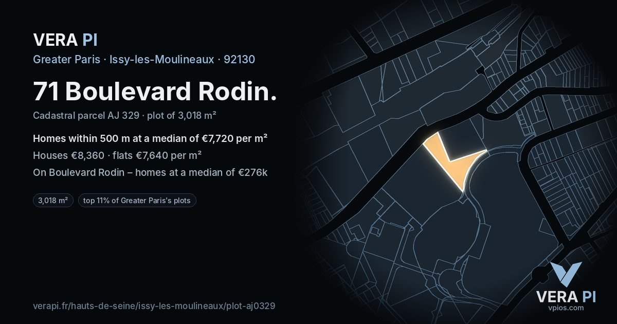 71 Boulevard Rodin, Issy-les-Moulineaux at night – the plot lit, the parcels around coloured by the prices near them