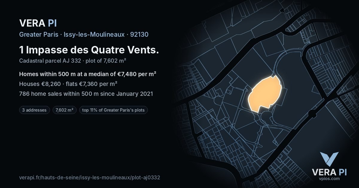 1 Impasse des Quatre Vents, Issy-les-Moulineaux at night – the plot lit, the parcels around coloured by the prices near them