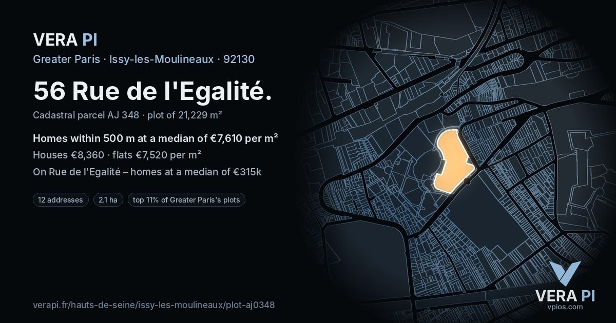 56 Rue de l'Egalité, Issy-les-Moulineaux at night – the plot lit, the parcels around coloured by the prices near them